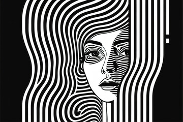 a woman face in an abstract modern art with lines, oneline, generative ai technology