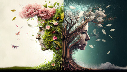valentine theme tree man women head - Generative AI - obrazy, fototapety, plakaty