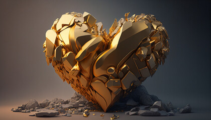 gold heart made out of chunks of gold standing on a rock with gold veigns in it - Generative AI