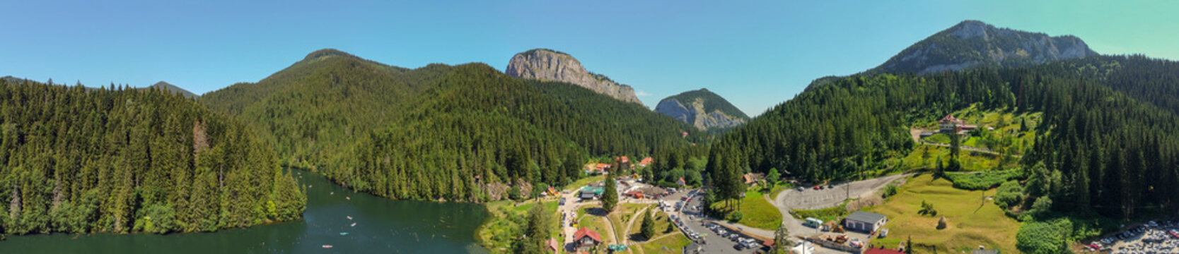 Red Lake - Lacul Rosu in Romania seen from above. Aerial view of Red Lake from Bicaz.