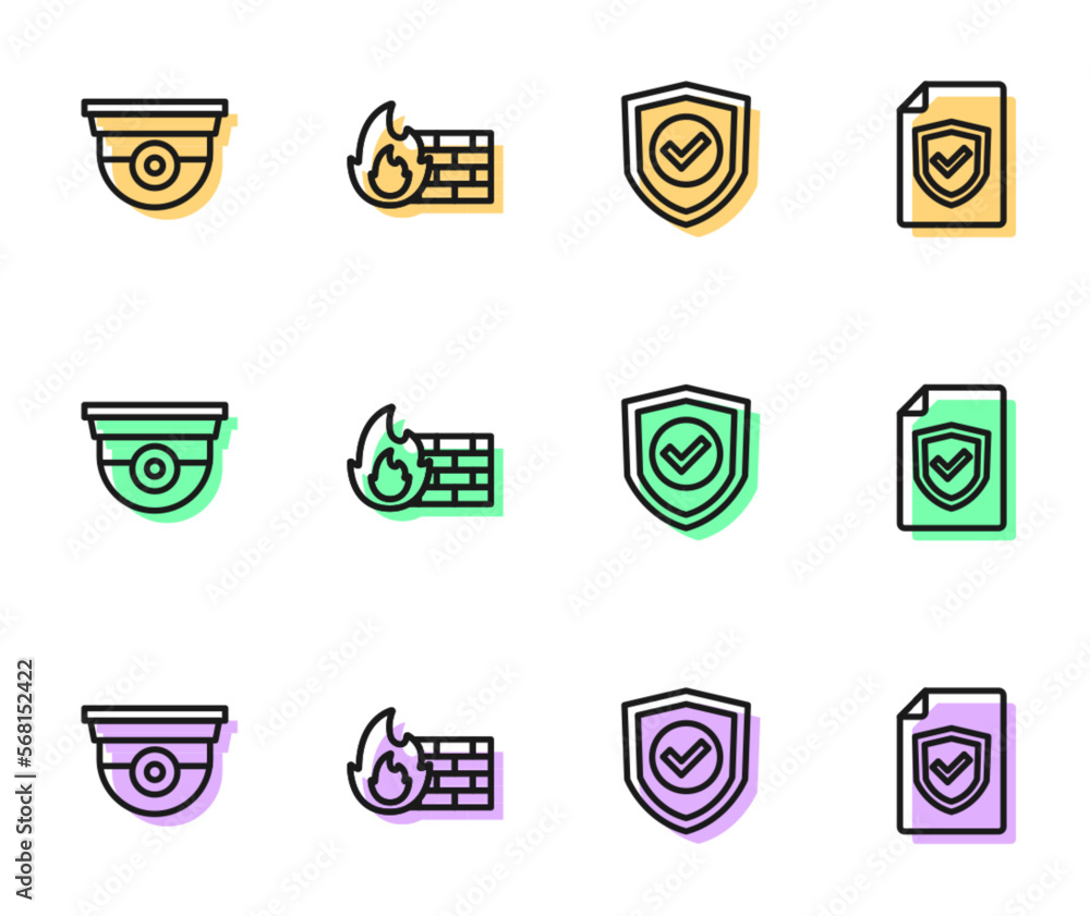 Poster set line shield with check mark, security camera, firewall, security wall and contract shield icon. 