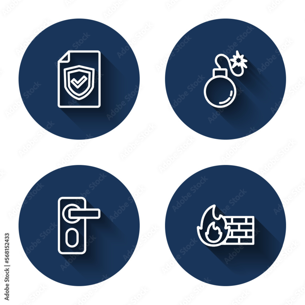 Poster set line contract with shield, bomb, fingerprint door lock and firewall, security wall with long sha
