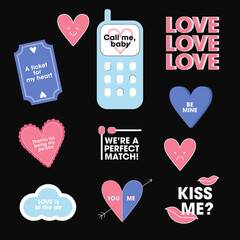 Romantic stickers for Valentine's day. Set of hearts. Different illustrations with a romance themes.