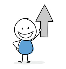 Hand drawn arrow up symbol. Funny concept with a stickman holding icon. Cartoon style design. Vector illustration