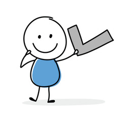 Hand drawn check mark symbol. Funny concept with a stickman holding icon. Cartoon style design. Vector illustration