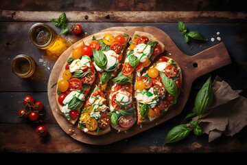  a pizza with tomatoes, mozzarella and basil on a cutting board next to a glass of beer and a wooden board with leaves.  generative ai