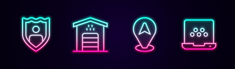Set line Life insurance with shield, Garage for taxi car, Location and Taxi mobile app. Glowing neon icon. Vector