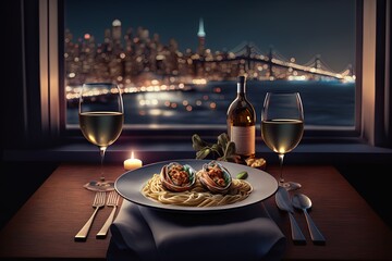  a plate of food and two glasses of wine on a table with a view of the city lights and the bay bridge at night in the background.  generative ai