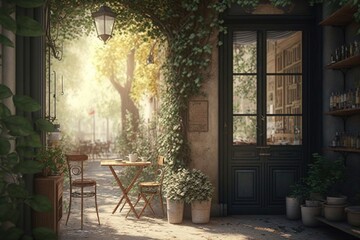  a patio with a table and chairs and a potted plant on the side of the building and a doorway leading to a patio with a table and chairs.  generative ai