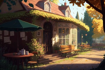  a painting of a house with a green umbrella and a table with a cup of coffee in front of it and a green umbrella over the door.  generative ai