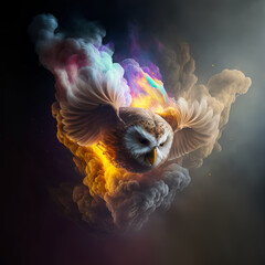 Brown Barn Owl flying in Rainbow Neon Nebula of Colourful Smoke in Cosmic Mystic Magical Spiritual Space Background. for Poster Print - AI generative Illustration
