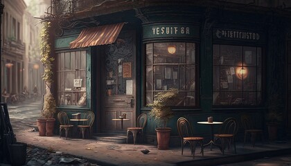  a painting of a restaurant with tables and chairs on a city street at night with lights on the windows and a street lamp on the sidewalk.  generative ai