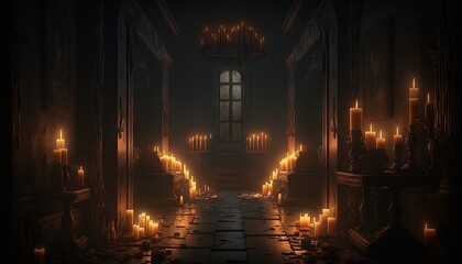 Naklejka premium a dimly lit room with candles in the floor and a chandelier hanging from the ceiling and a window in the center of the room. generative ai