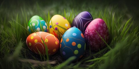 Fototapeta na wymiar Colourful Easter Eggs in the Grass, Generative AI