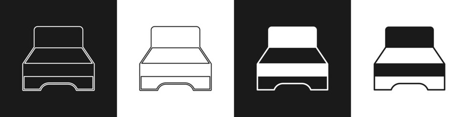 Set Big bed for two or one person icon isolated on black and white background. Vector