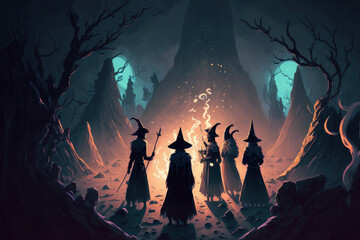 Digital fantasy artwork of a witch cult ritual taking place in a remote area on a dark, foggy night. Generative AI