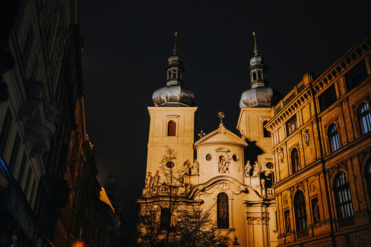 Catholic Church of Saint Gallen Kostel Svaty Havla at night. Old town of Prague
