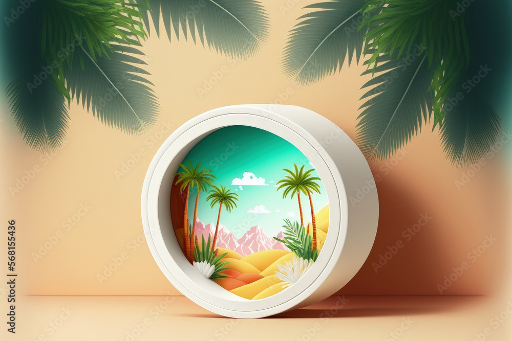 Poster natural white cylindrical box that is empty against a background of a summer setting with palm trees