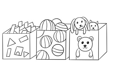 Hand drawn outline set with storage, toys container organisation, children illustration 