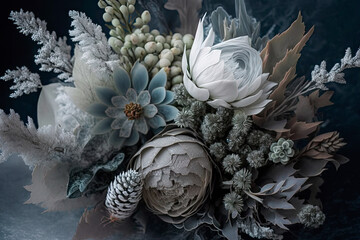 Bouquet of frosty winter flowers, generative ai