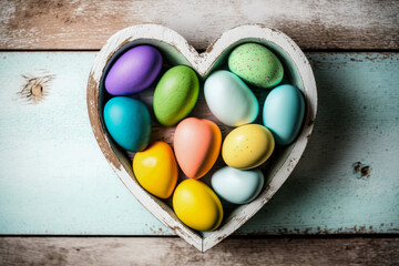 Fototapeta na wymiar Bright and colorful Easter eggs arranged in a heart shape on a white wooden background, generative ai