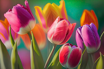 Cheerful tulips in spring bloom with excitement for the new season and strong colors, generative ai