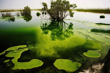  a tree is reflected in the green water of a swampy lake with algae growing on the water and a tree in the middle of the water.  generative ai