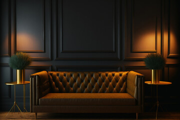 Background decoration for a hotel, business, or other setting. On a background of a dark wall, a modern sofa and modern interior accents can be seen. Generative AI