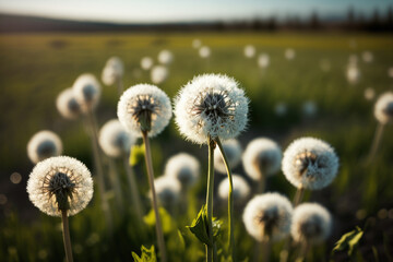 Field of white dandelions during spring, generative ai