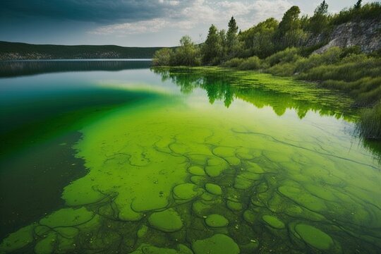  a lake with green algae in the water and trees in the background with clouds in the sky above the water is a lake with green algae in the water.  generative ai