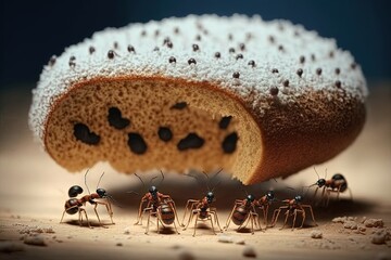 a group of ants standing in front of a bread slice with a bite taken out of it's center and a group of smaller ants in front of them.  generative ai