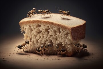  a group of ants crawling around a piece of bread on a counter top with a piece of bread on it's side and a piece of bread on the other side of the other side of the bread.  generative ai