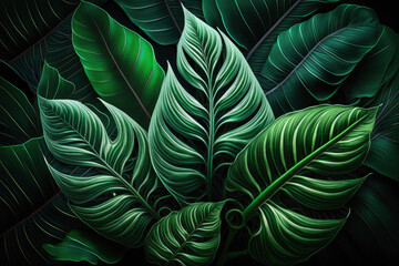 Green leaf texture with abstract design on nature background with tropical leafs, generative ai