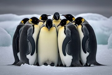  a group of penguins standing next to each other on a snow covered ground with icebergs in the background and a dark sky in the background.  generative ai - obrazy, fototapety, plakaty