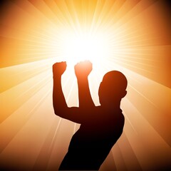 Person silhouette with radial light on color background