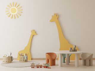 Colorful kids playroom , kindergarten with giraffes , sun , table and chairs , toys , 3d rendering