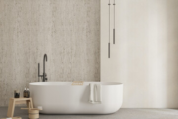 Naklejka na ściany i meble Modern japandi bathroom interior with bathtub , bath accessories , empty wall mock up , 3d rendering