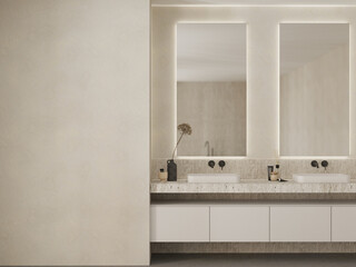 Modern japandi bathroom interior with double sink , mirrors and bath accessories , empty wall mock up , 3d rendering