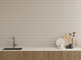 Modern japandi kitchen close up design with sink and kitchen accessories , blank empty space , 3d rendering