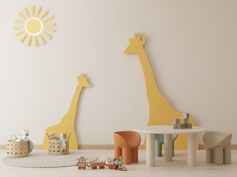 Colorful Kids Playroom , Kindergarten With Giraffes , Sun , Table And Chairs , Toys , 3d Rendering