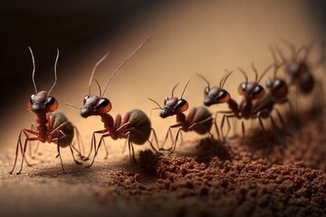  a group of ants standing on top of a sandy ground next to each other on a piece of wood and dirt covered ground with a few bugs on top of it.  generative ai