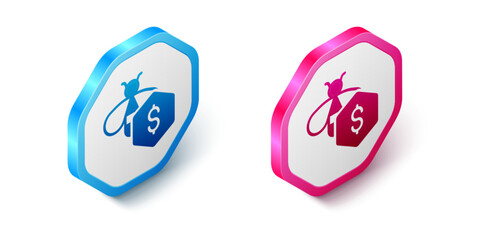 Isometric Sale of bees icon isolated on white background. Sweet natural food. Honeybee or apis with wings symbol. Flying insect. Hexagon button. Vector