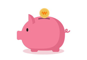 Flat piggy bank with falling coin icon on white background