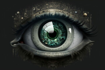 gros plan d'un oeil cybernétique vert et gris, généré par IA