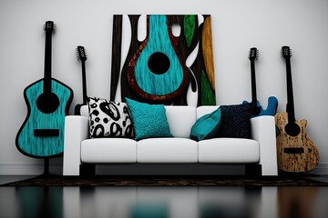 modern white sofa in clean room with colorful pillows and musical instruments, guitars as decoration. Abstract painting on the wall. Generative ai