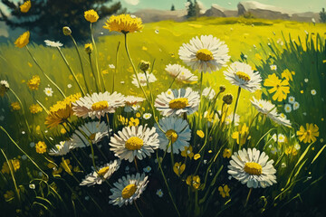 Yellow dandelions and white daisies popping up in a sunny spring meadow, generative ai