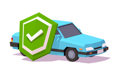 Green Shield With Check Mark Beside Blue Automobile. Car Insurance Concept. Low Poly Dimetric Illustration