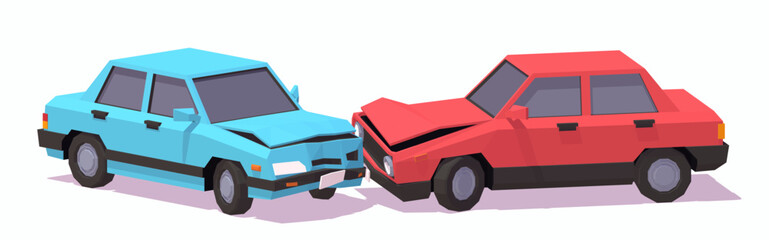 Two Cars Head-on Crash. Accident Concept. Low Poly Dimetric Illustration