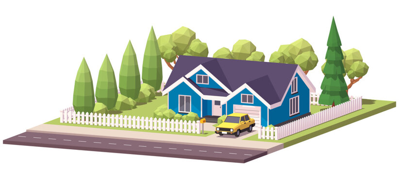 Blue Classic Suburban Family House With Yellow Car in Front of It. Low Poly Dimetric Illustration