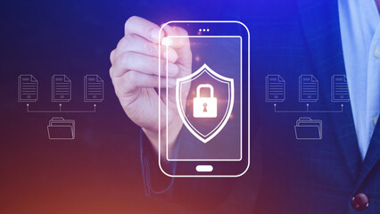 Cybersecurity and privacy concepts to protect data. Lock icon and internet network security technology, Businessman protecting personal data on smartphone, Virtual screen interfaces, cyber security.